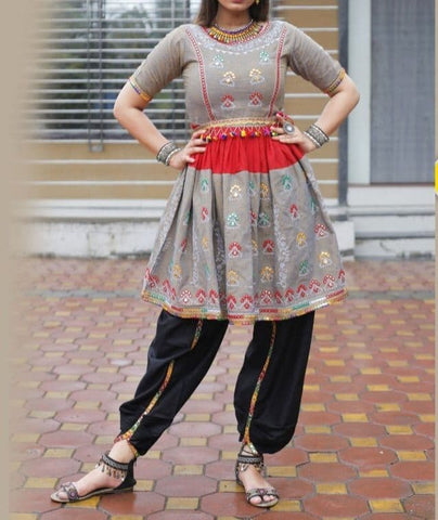 Trendy Copper Color Mirror Thread Work Cotton Dhoti Top Design