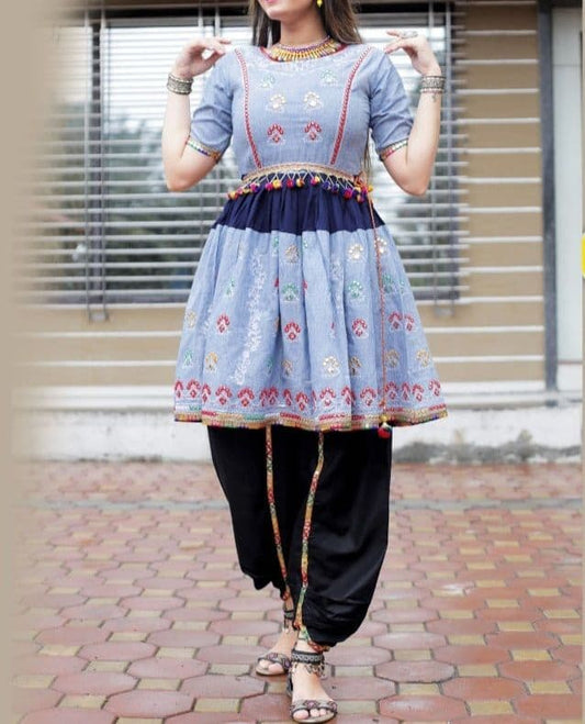 Smashing Blue Color Ready Made Mirror Work Cotton Dhoti Top For Ladies