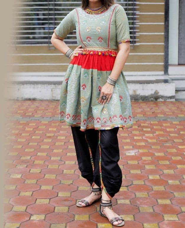 Blooming Green Color Ready Made Cotton Thread Mirror Work Top Dhoti