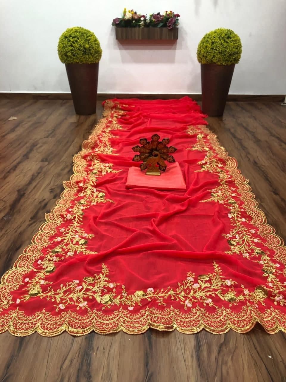 Wonderful Red Color Georgette Function Wear Sequence Work Fancy Saree Blouse