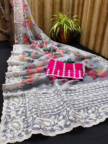 Adorable Grey Color Printed Luknowi Work Organza Fancy Saree Blouse For Ladies