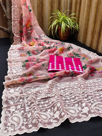 Admiring Peach Color Organza Thread Printed Work Wedding Wear Fancy Saree Blouse