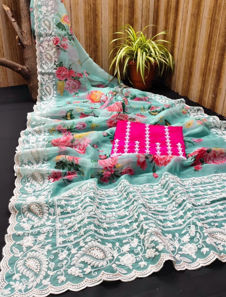Preferable Light Blue Color Occasion Wear Organza Printed Thread Work Fancy Saree Blouse