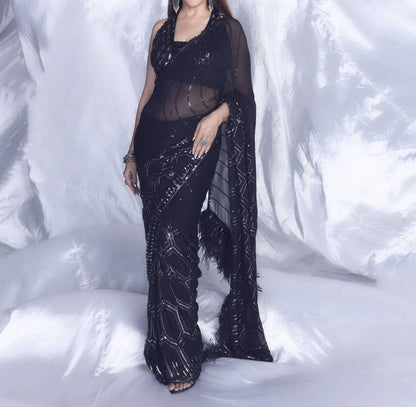Entrancing Black Color Georgette Sequence Work Party Wear Fancy Saree Blouse