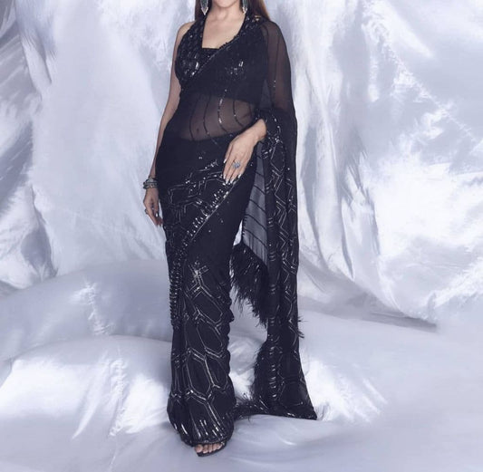 Entrancing Black Color Georgette Sequence Work Party Wear Fancy Saree Blouse