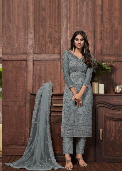 Appealing Grey Color Function Wear Net Sequence Work Salwar Suit
