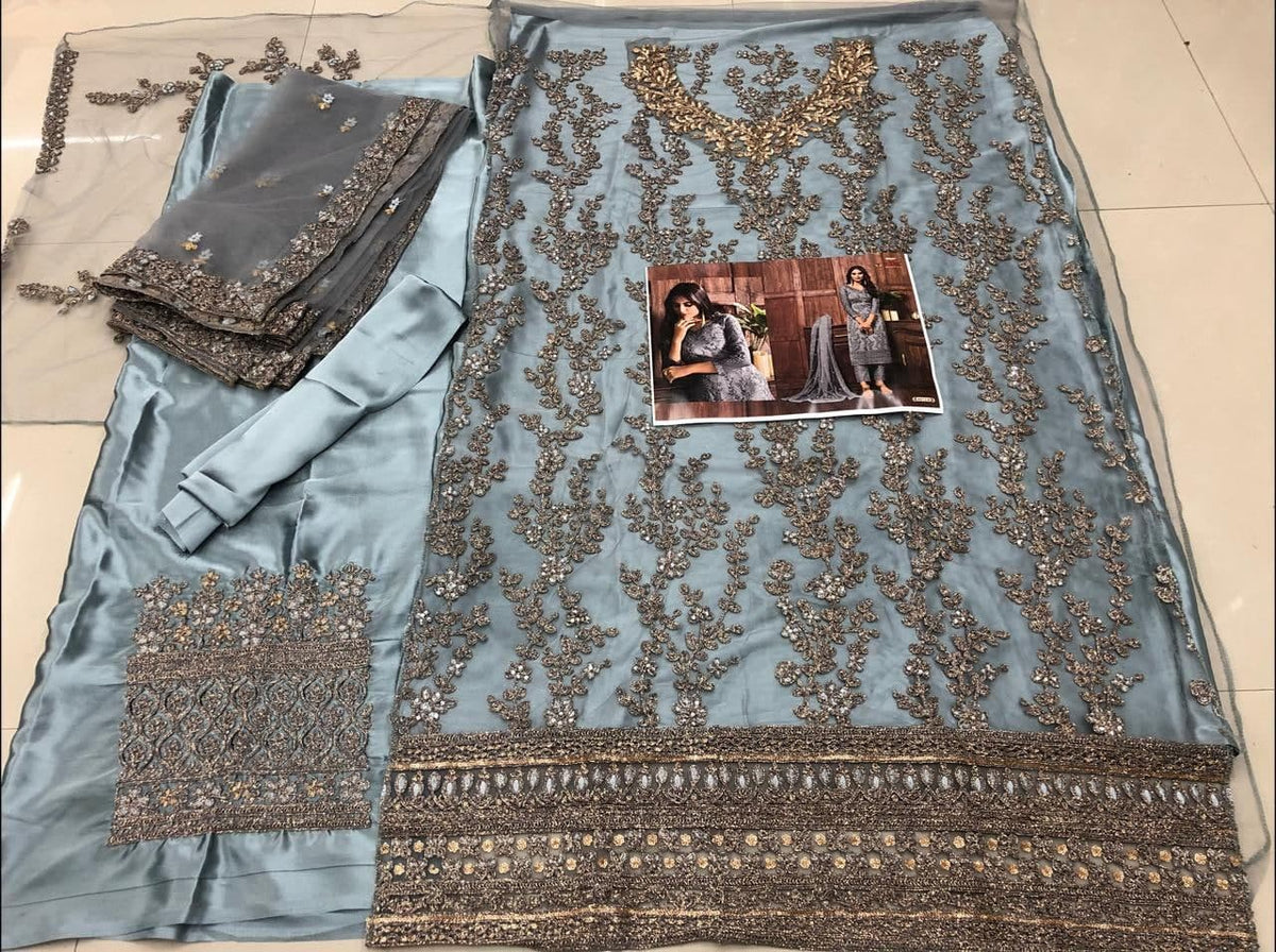Appealing Grey Color Function Wear Net Sequence Work Salwar Suit