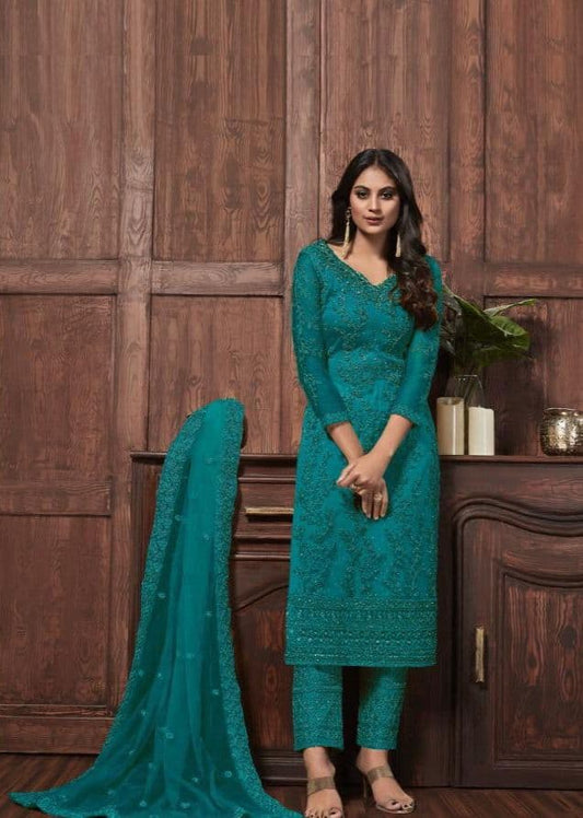 Gorgeous Rama Color Function Wear Net Embroidered Work Salwar Suit