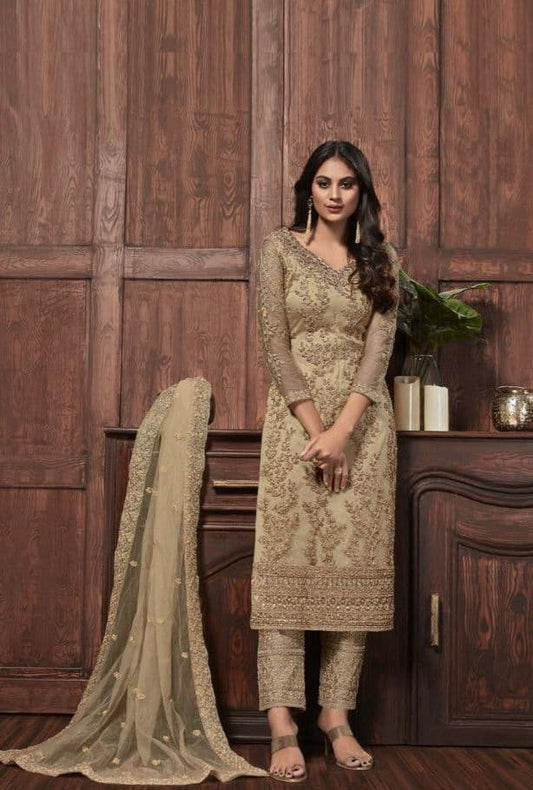 Starling Cream Color Net Stone Sequence Work Salwar Suit
