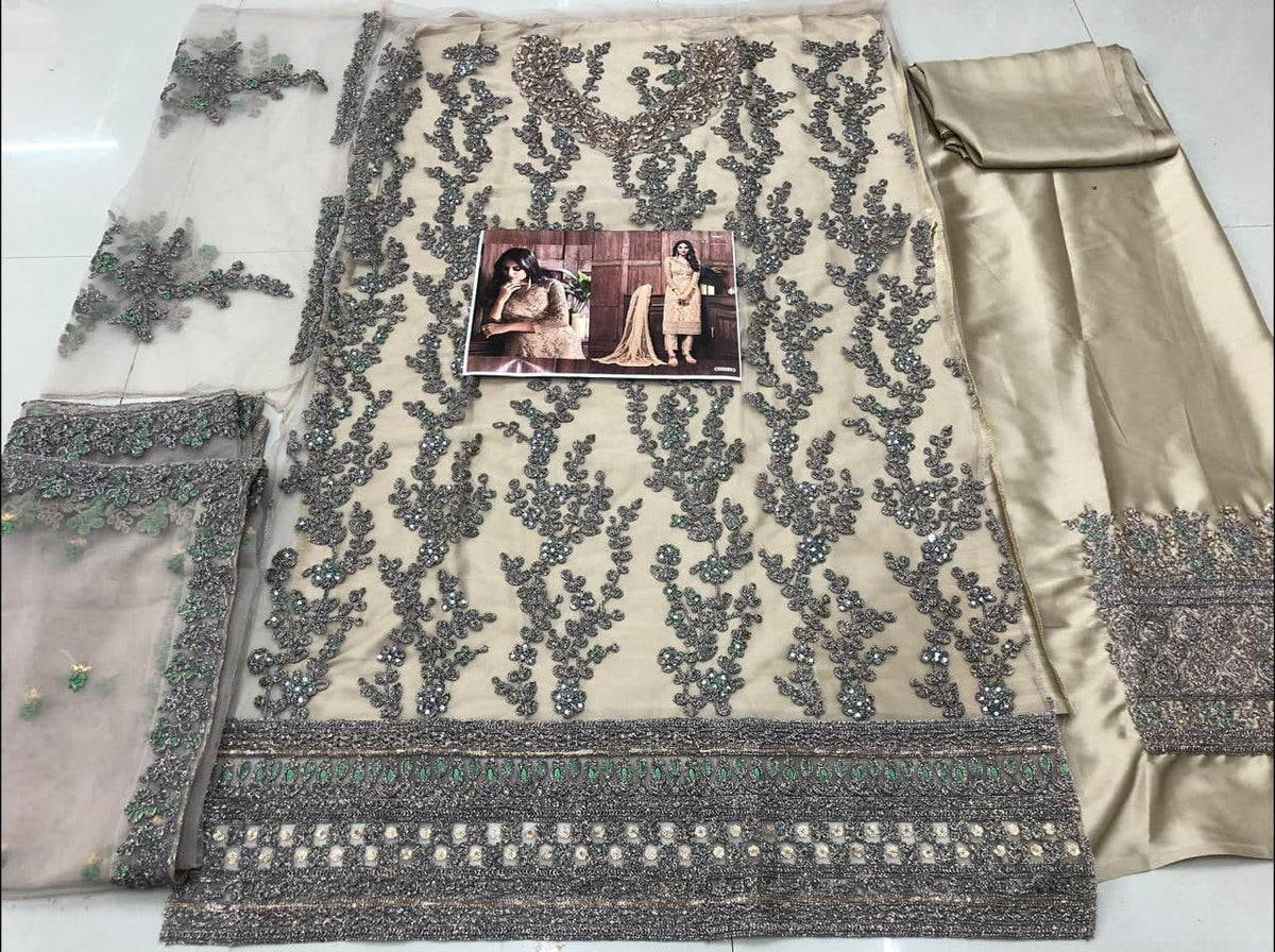 Starling Cream Color Net Stone Sequence Work Salwar Suit