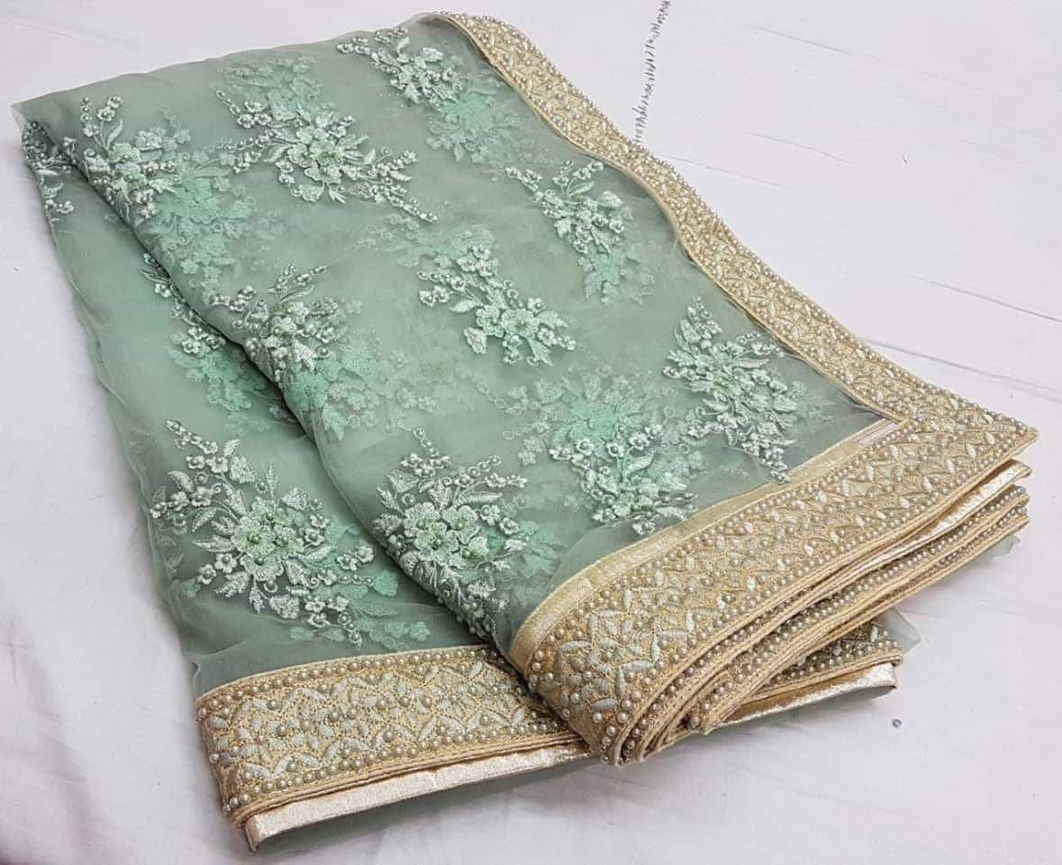 Stunning Sea Green Color Designer Nylon Net Stone Embroidered Work Fancy Saree Blouse