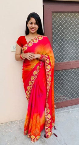 Attractive Red Color Bandhej Chiffon Gotta Patti Work Fancy Saree Blouse For Ladies