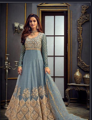 Alluring Grey Color Art Silk Embroidered Work Festive Wear Salwar Suit