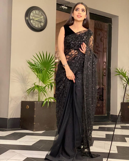 Extraordinary Black Color Net Occasion Wear Sequence Work Fancy Saree Blouse