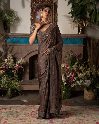 Sensational Brown Color Dola Silk Sequence Thread Work Wedding Wear Fancy Saree Blouse