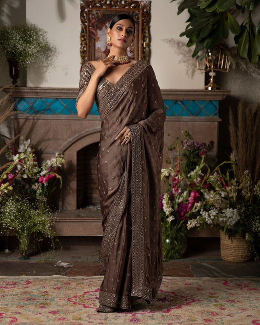 Sensational Brown Color Dola Silk Sequence Thread Work Wedding Wear Fancy Saree Blouse