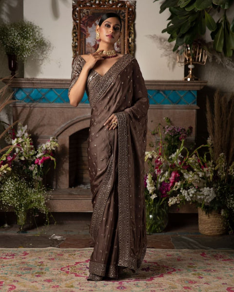 Sensational Brown Color Dola Silk Sequence Thread Work Wedding Wear Fancy Saree Blouse