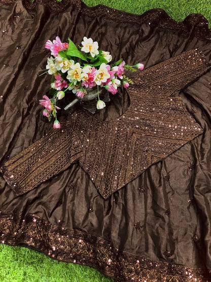 Sensational Brown Color Dola Silk Sequence Thread Work Wedding Wear Fancy Saree Blouse