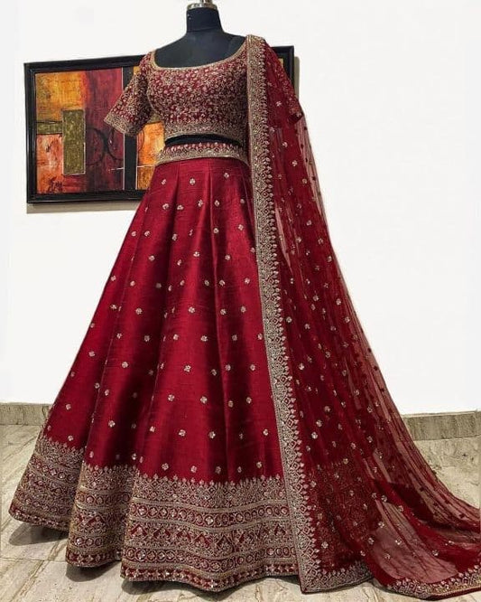 Desirable Maroon Color Banglori Silk Embroidered Work Wedding Wear Lehenga Choli