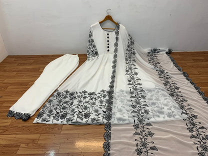 Magnetic White Color Georgette Embroidered Work Salwar Suit