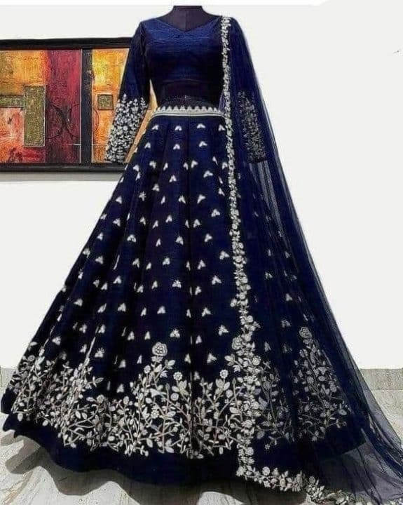 Refreshing Navy Blue Color Satin Silk Embroidered Work Lehenga Choli For Ladies