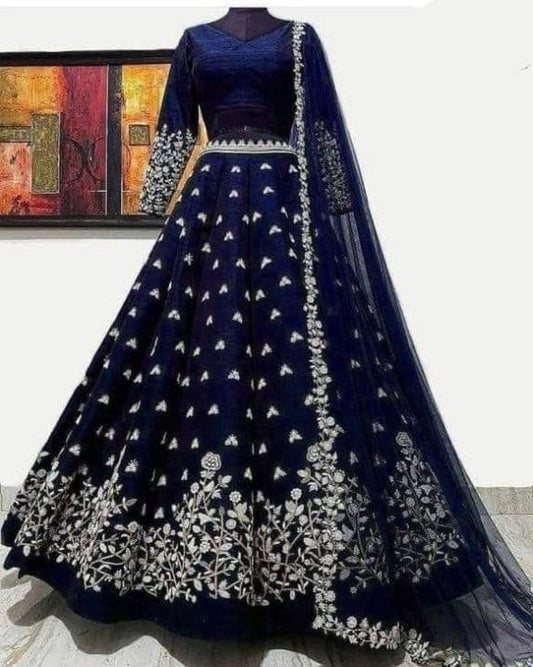 Refreshing Navy Blue Color Satin Silk Embroidered Work Lehenga Choli For Ladies