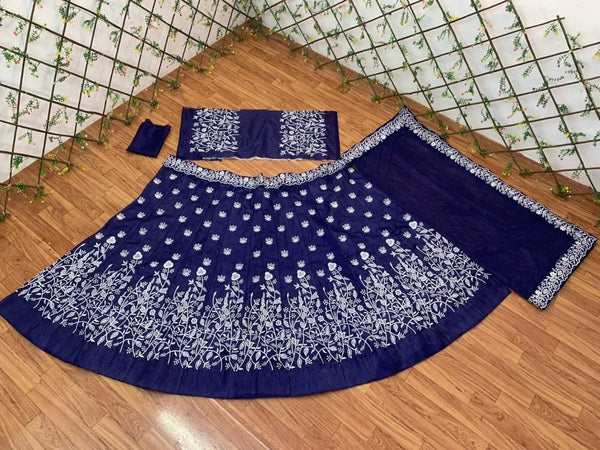 Refreshing Navy Blue Color Satin Silk Embroidered Work Lehenga Choli For Ladies