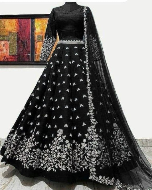 Breath-taking Black Color Satin Silk Embroidered Work Function Wear Lehenga Choli