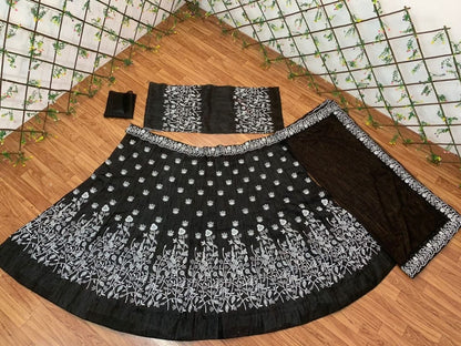 Breath-taking Black Color Satin Silk Embroidered Work Function Wear Lehenga Choli
