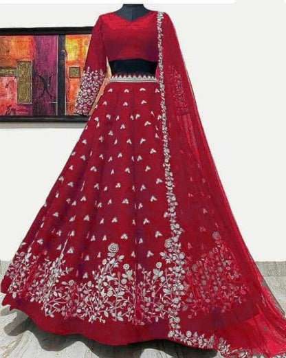 Stunning Red Color Silk Satin Embroidered Work Lehenga Choli Design