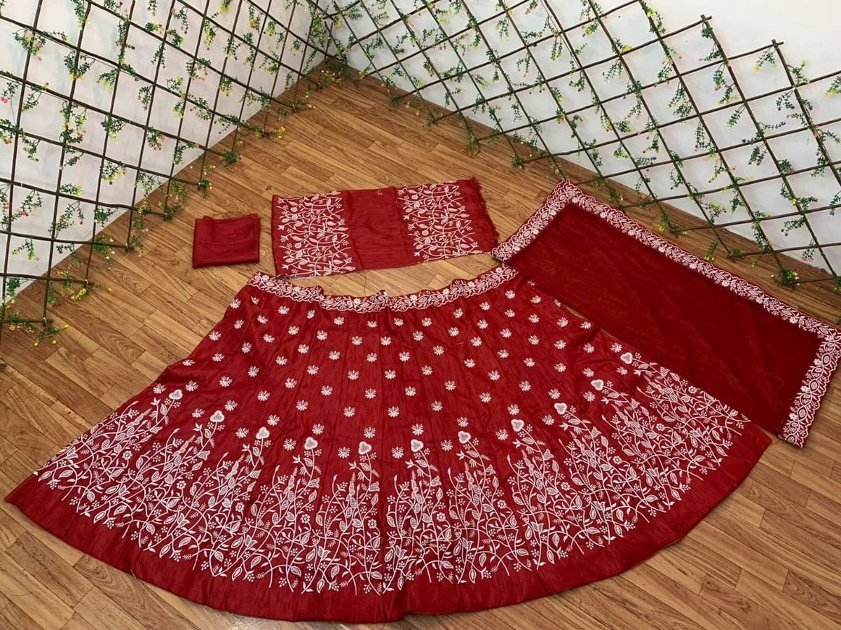 Stunning Red Color Silk Satin Embroidered Work Lehenga Choli Design