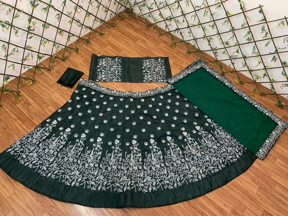 Stunning Bottle Green Color Satin Silk Multi Thread Work Lehenga Choli