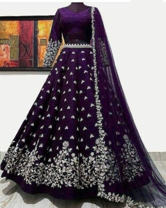 Shattering Wine Color Party Wear Satin Silk Multi Embroidered Work Lehenga Choli