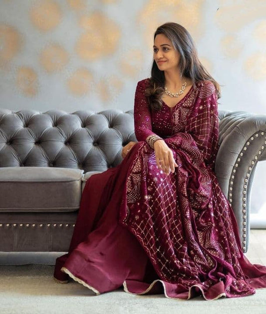 Prodigious Wine Color Party Wear Georgette Thread Sequence Work Salwar Suit