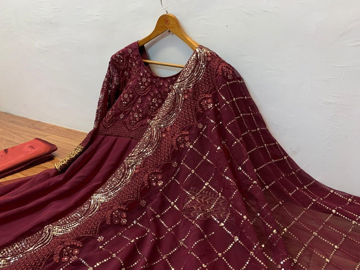 Prodigious Wine Color Party Wear Georgette Thread Sequence Work Salwar Suit
