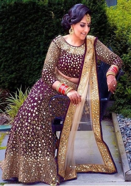 Prodigious Wine Color Wedding Wear Velvet Embroidered Work Lehenga Choli