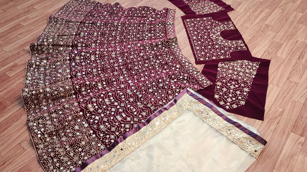 Prodigious Wine Color Wedding Wear Velvet Embroidered Work Lehenga Choli