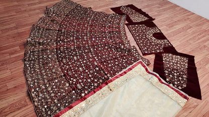 Classic Maroon Color Wedding Wear Velvet Mirror Work Lehenga Choli