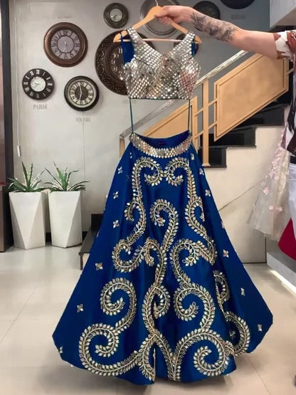 Intricate Navy Blue Color Mirror Coding Work Taffeta Silk Lehenga Choli