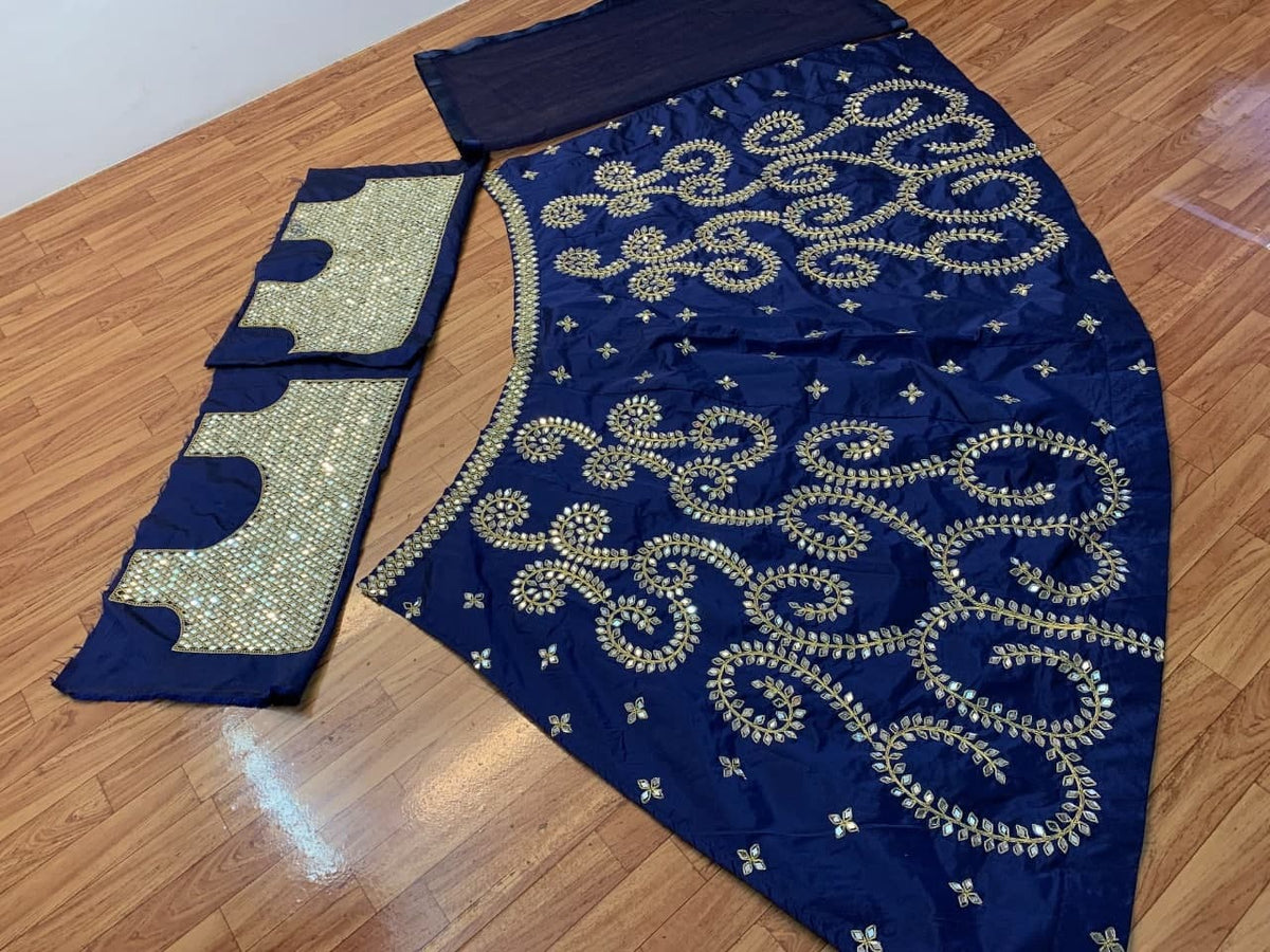 Intricate Navy Blue Color Mirror Coding Work Taffeta Silk Lehenga Choli
