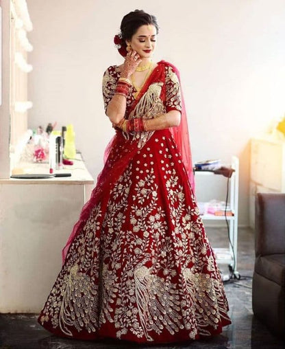 Sensational Red Color Bridal Wear Taffeta Silk Embroidered Work Lehenga Choli