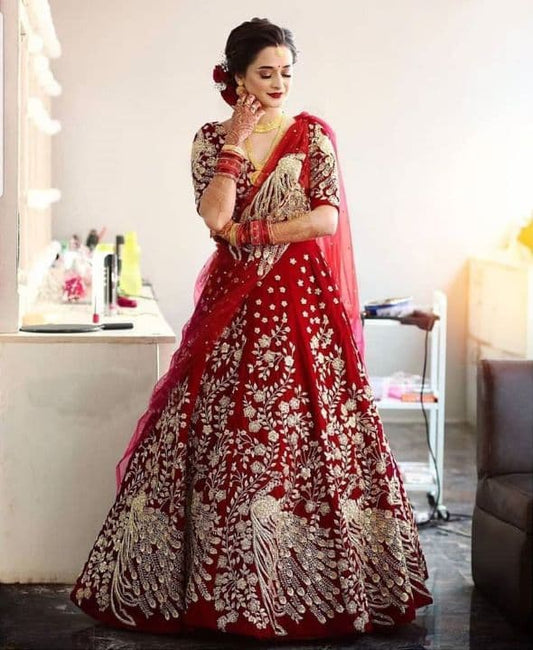 Sensational Red Color Bridal Wear Taffeta Silk Embroidered Work Lehenga Choli