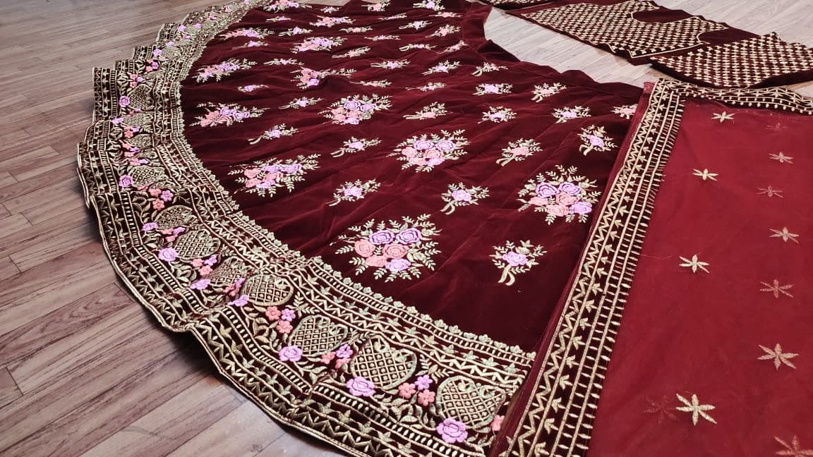 Imperial Maroon Color Velvet Embroidered Work Wedding Wear Lehenga Choli