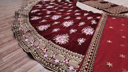 Imperial Maroon Color Velvet Embroidered Work Wedding Wear Lehenga Choli