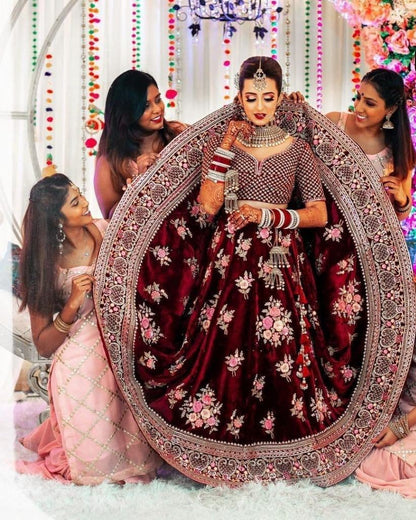 Imperial Maroon Color Velvet Embroidered Work Wedding Wear Lehenga Choli
