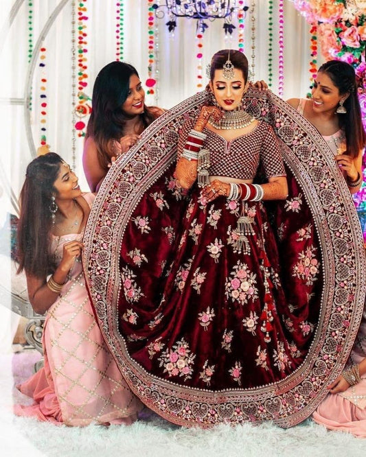 Imperial Maroon Color Velvet Embroidered Work Wedding Wear Lehenga Choli