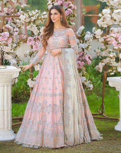 Graceful Peach Color Net Embroidered Work Party Wear Salwar Suit