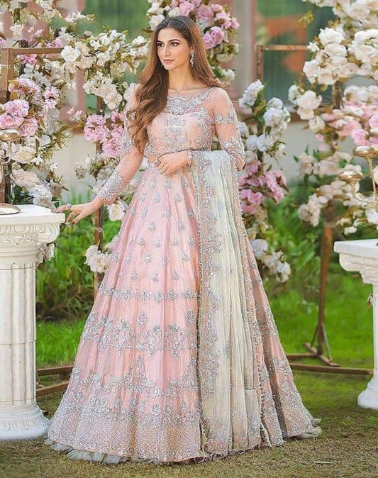 Graceful Peach Color Net Embroidered Work Party Wear Salwar Suit
