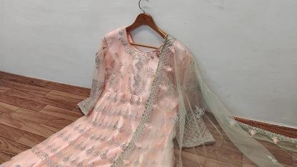 Graceful Peach Color Net Embroidered Work Party Wear Salwar Suit