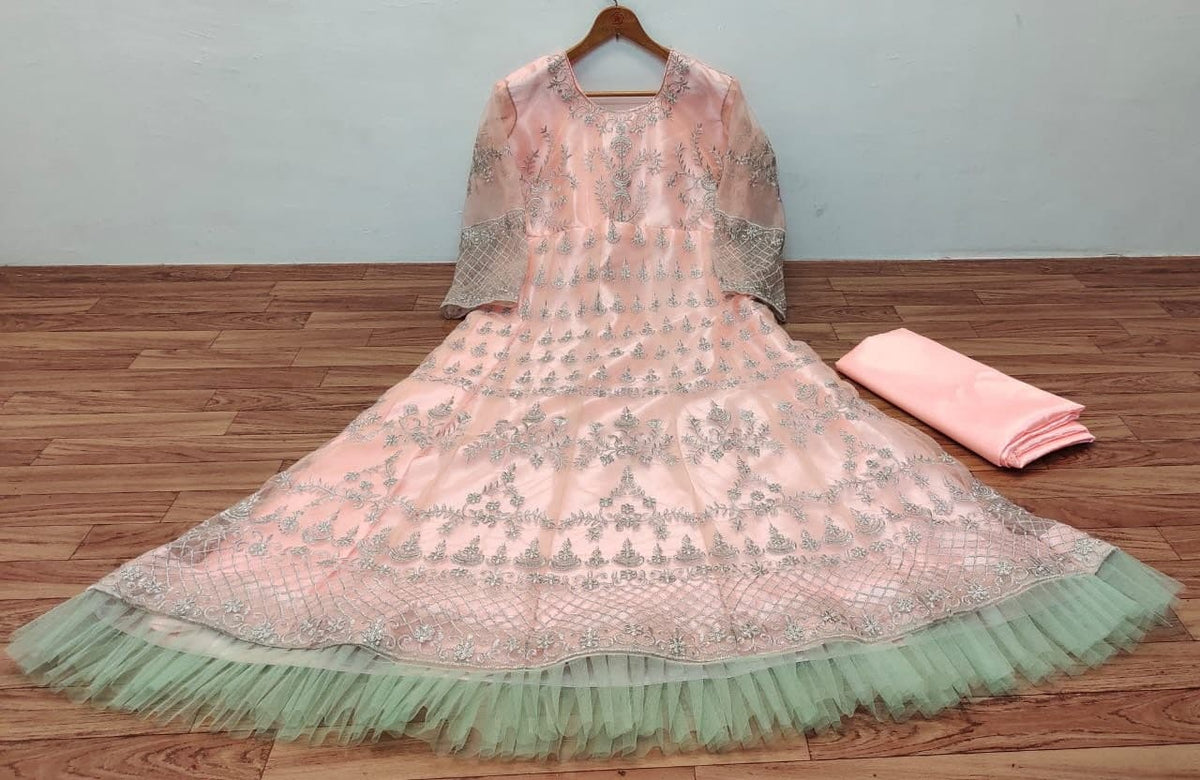 Graceful Peach Color Net Embroidered Work Party Wear Salwar Suit